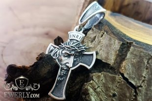Серебряный крест с ликом Иисуса и молитвой, фото